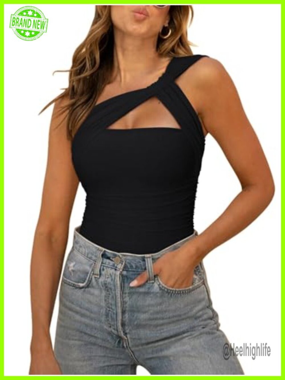 Women's Sheer Mesh One Shoulder Asymmetrical Ruched Backless Bodysuit Top